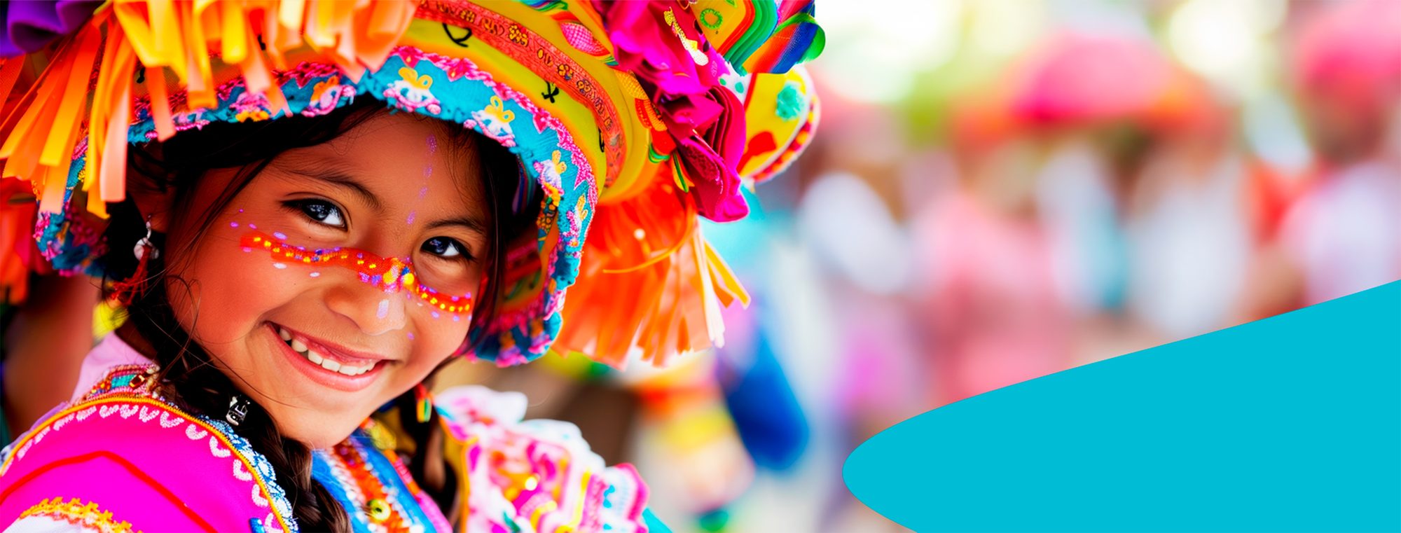 A girl in an embroidered carnival hat and painted face smiling during Cajamarca Carnival